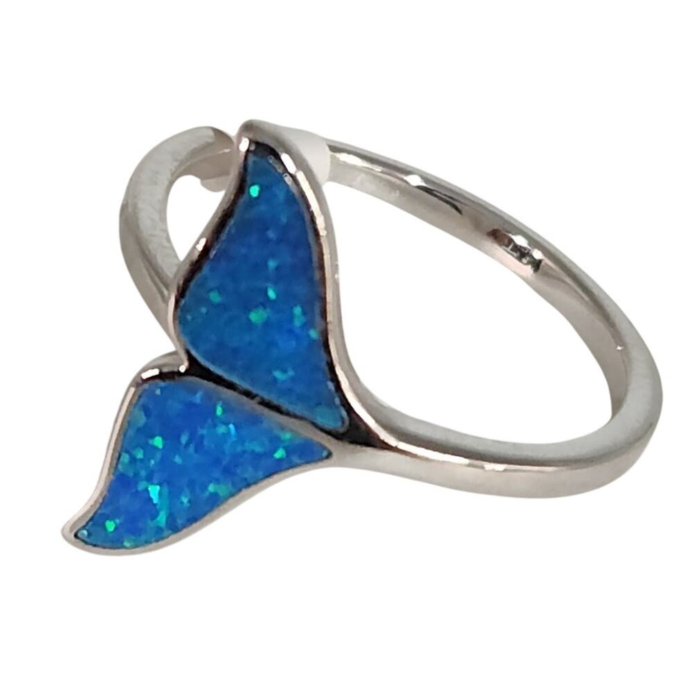 925 Sterling Silver Blue Opal whale Tail Ring size 8